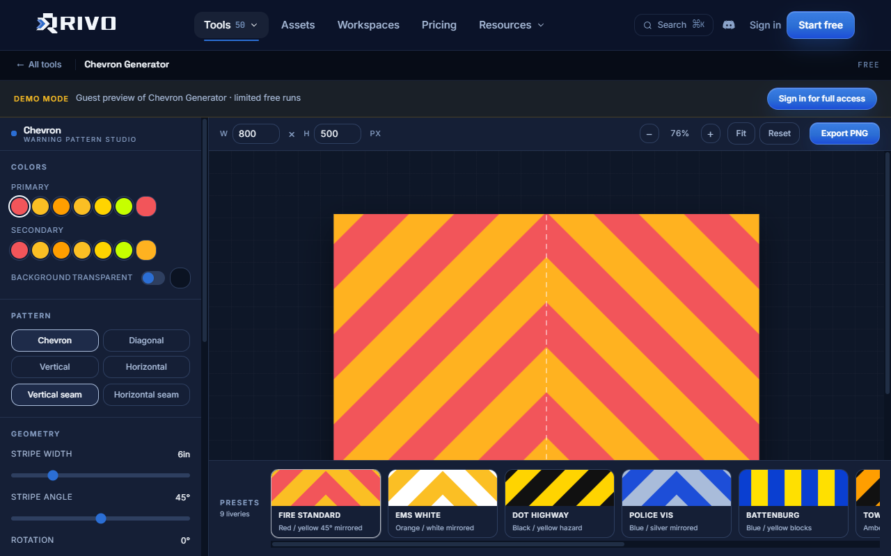 Chevron editor with colours and pattern controls on the left, pixel dimensions above the canvas, and presets below.